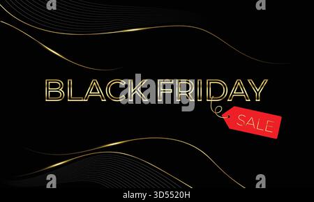 Black Friday Sale Elegant Luxury Golden Typography Design Vector Abstract Background. Golden Text Black Friday On Wavy Smooth Lines 3D Dark Background Stock Vector