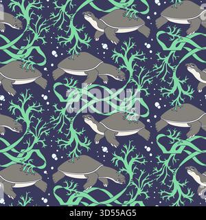Cute sea turtles and algae coastal seamless pattern vector illustration Stock Vector
