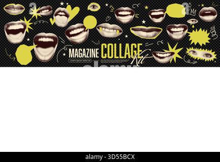 Vintage collage pack with screaming lips and a green speech bubble for scrapbook kits and zine design. Sticker and poster mixed media elements and a c Stock Vector