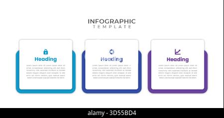 Minimalist 3-step business presentation slide with vibrant borders. Diagram for service features, key deliverables, and corporate Stock Vector