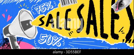 Newsy sale collage banner. Announcement a retro megaphone and paper collaged art for posters and social media. A promotional design for advertising ca Stock Vector