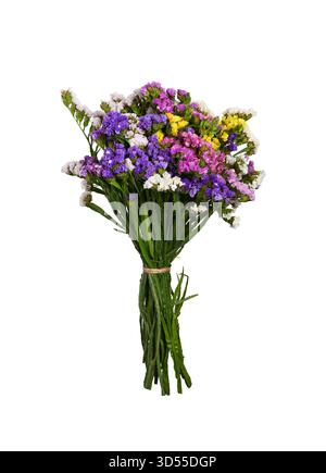 Bouquet of fresh colorful Limonium sinuatum (Statice) flowers isolated on white background. Stock Photo