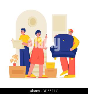 Family Arranging Furniture in New Home After Moving Vector Illustration Stock Vector