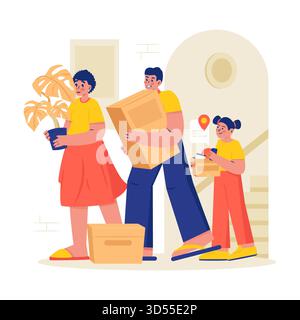 Family Carrying Boxes for House Relocation Vector Illustration Stock Vector