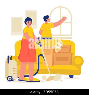 Family Cleaning New Home After Moving House Vector Illustration Stock Vector