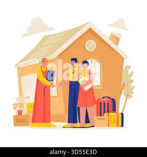 Happy Couple Receiving New House Keys Vector Illustration Stock Vector
