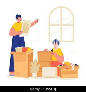 Family Unpacking Boxes and Decorating New Home Vector Illustration Stock Vector