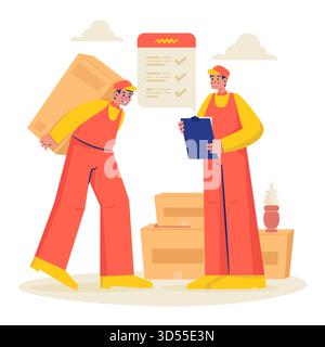 Moving Workers Carrying Boxes and Checklist Vector Illustration Stock Vector