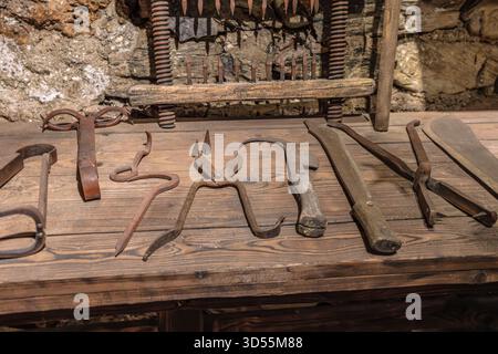 Medieval Interrogation Rack Interrogation instruments at torture chamber in the medieval Beaufort ...