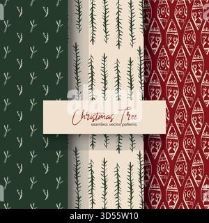 Christmas seamless pattern set with pine branches ornaments and festive hand drawn elements for winter design projects Stock Vector