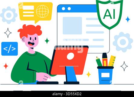 AI Writing Assistant Illustration with Artificial Intelligence Technology For Translation, Chatbot Interaction, Code Generation, And Article Writing Stock Vector