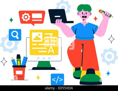 AI Writing Assistant Illustration with Artificial Intelligence Technology For Translation, Chatbot Interaction, Code Generation, And Article Writing Stock Vector