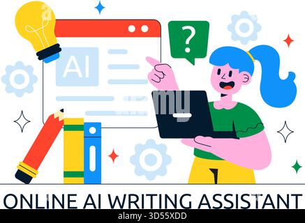 AI Writing Assistant Illustration with Artificial Intelligence Technology For Translation, Chatbot Interaction, Code Generation, And Article Writing Stock Vector