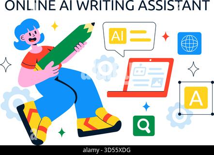AI Writing Assistant Illustration with Artificial Intelligence Technology For Translation, Chatbot Interaction, Code Generation, And Article Writing Stock Vector