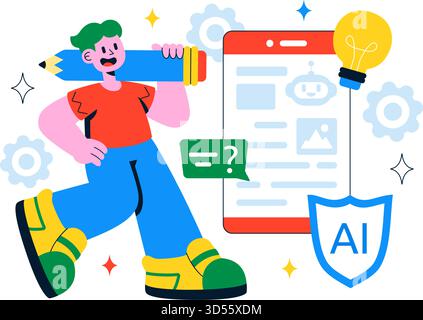 AI Writing Assistant Illustration with Artificial Intelligence Technology For Translation, Chatbot Interaction, Code Generation, And Article Writing Stock Vector