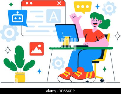 AI Writing Assistant Illustration with Artificial Intelligence Technology For Translation, Chatbot Interaction, Code Generation, And Article Writing Stock Vector
