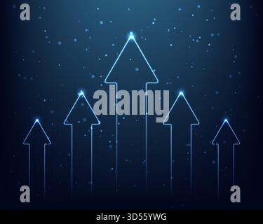 glowing neon blue arrows point upward against a dark digital background showing business growth and innovation symbolizing progress success and futuri Stock Vector