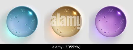 glossy 3d spheres with shiny reflective surfaces and tiny air bubbles rest on a light gray background creating a modern abstract composition ideal for Stock Vector