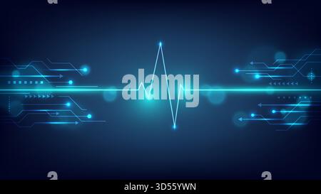 digital dark blue background with a glowing heartbeat line and neon circuit design representing modern healthcare technology innovation and the connec Stock Vector