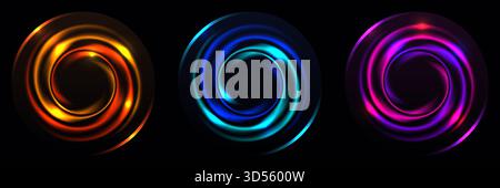 dynamic abstract circular swirling light effects in vibrant color on dark background, futuristic sense of intense energy, power, and a cosmic vortex o Stock Vector