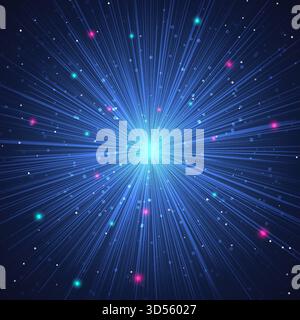 Futuristic Abstract Space Background with Vibrant Cyan Core and Blue Energy Rays A digital vector illustration suggesting a starburst or hyperjump, pe Stock Vector