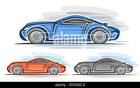 Vector exotic Sport Cars set, horizontal automotive poster with 3 isolated colorful illustration of concept sport coupe in moving, artwork clip art of Stock Vector