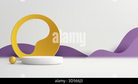 modern minimalist 3d product display 3D white pedestal with a yellow circular form and flowing purple wave shapes, gold sphere, clean branding, mockup Stock Vector