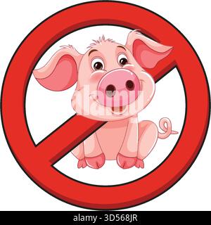Smiling cartoon pig inside red prohibition symbol, bold lines, flat colors, white background Stock Vector
