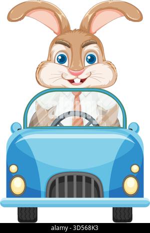 Smiling cartoon rabbit in business attire driving blue convertible, front view, bright vector style Stock Vector