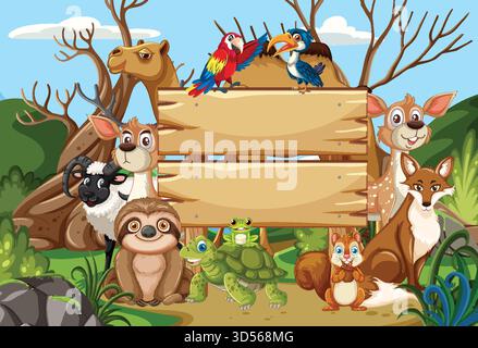 Colorful vector illustration of various forest animals surrounding a blank wooden sign in daylight Stock Vector