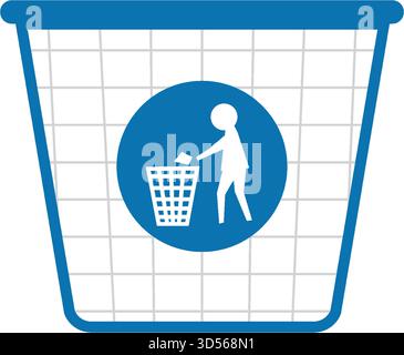 Blue vector illustration of person disposing waste in bin, simple flat style, grid background Stock Vector