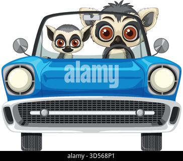 Cartoon lemurs with large eyes sitting in blue convertible, front perspective, clean vector style Stock Vector