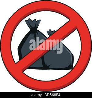 Bold prohibition sign over black garbage bags, flat vector style, strong red circular line Stock Vector