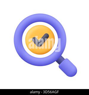 Purple magnifying glass with black check mark on yellow button inside. Successful search, verification, approval and confirmation concept. 3d vector i Stock Vector