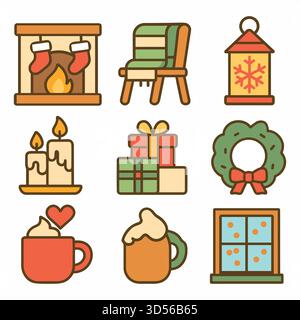 Cozy Christmas icon set featuring fireplace, candles, gifts, wreath, mugs, lantern, chair, and window Stock Vector