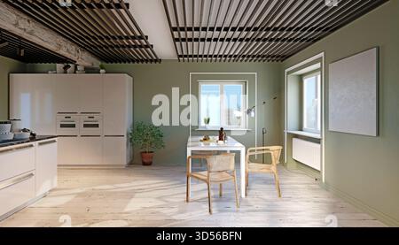 A 3D rendering of a modern kitchen and dining area with sage green walls and light wood floors. The sunlit room features a slatted ceiling and white c Stock Photo
