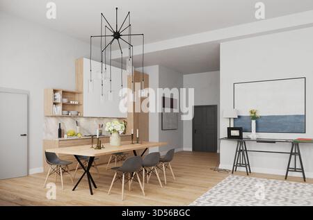 A 3D rendering of a modern open-plan dining room and kitchen. The space features a wooden table, grey chairs, and a contemporary black chandelier. Stock Photo