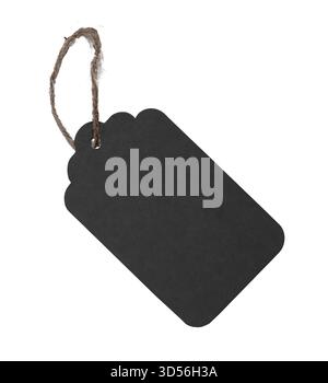 Black tag label. Blank rectangular cardboard price badge with loop and twine, hanging for fashion and clothing, retail sale, Black Friday shopping, br Stock Photo