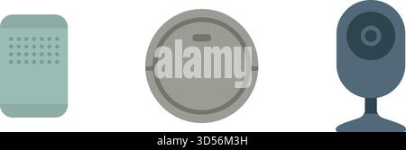 A horizontal strip showing compact smart home devices including a wall sensor tile, a round detector puck, and a small security camera on a stand Stock Vector