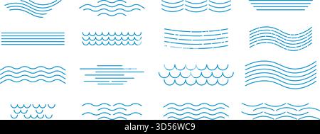 Waves and water set of simple linear illustrations. Water surface icon, wavy, calm, in motion, scalloped. Vector elements, clip art Stock Vector