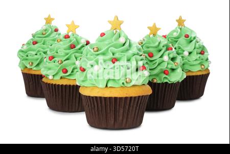 Christmas tree shaped cupcakes isolated on white Stock Photo