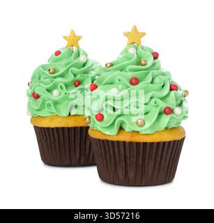 Christmas tree shaped cupcakes isolated on white Stock Photo