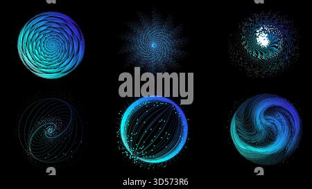 Blue neural spiral with particle field and curved motion on black background Stock Vector