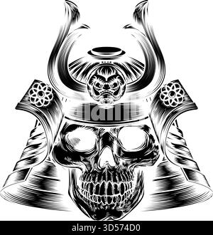 Samurai Skull Helmet Engraved Illustration Stock Vector