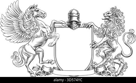 Heraldic Crest Lion Pegasus Coat Of Arms Shield Stock Vector
