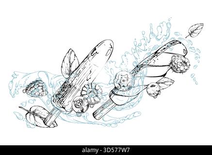Melting popsicle ice pop lolly with splashes drops, mint leaves, flying raspberry blueberry berries. graphic illustration hand drawn in vector ink Stock Vector
