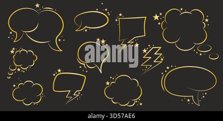 Set of golden speech bubbles and shapes with stars. Shining frames for speech, thoughts, and ideas. Glittery festive comic shapes for text, vector Stock Vector