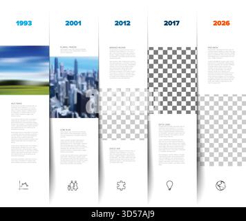 A clean and modern timeline infographic design template with five vertical columns. This adaptable timeline template with photo placeholders allows ea Stock Vector