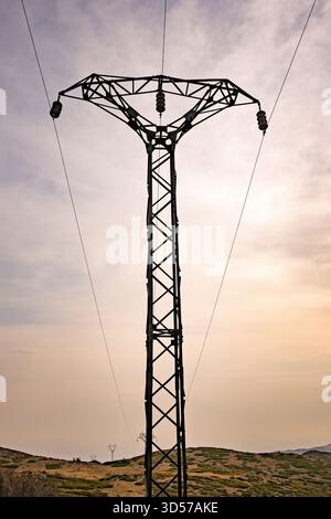 A tall power pole with a crossbar on top. The pole is surrounded by wires and is located in a rural area Stock Photo