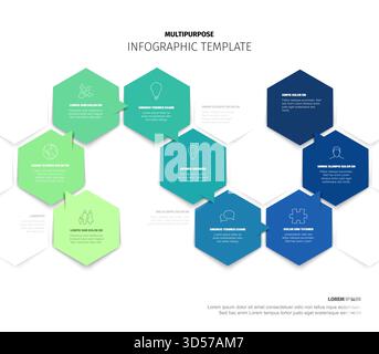 This multipurpose infographic template features a hexagon design for showcasing processes or steps. It's a clean hexagon infographic with seven distin Stock Vector